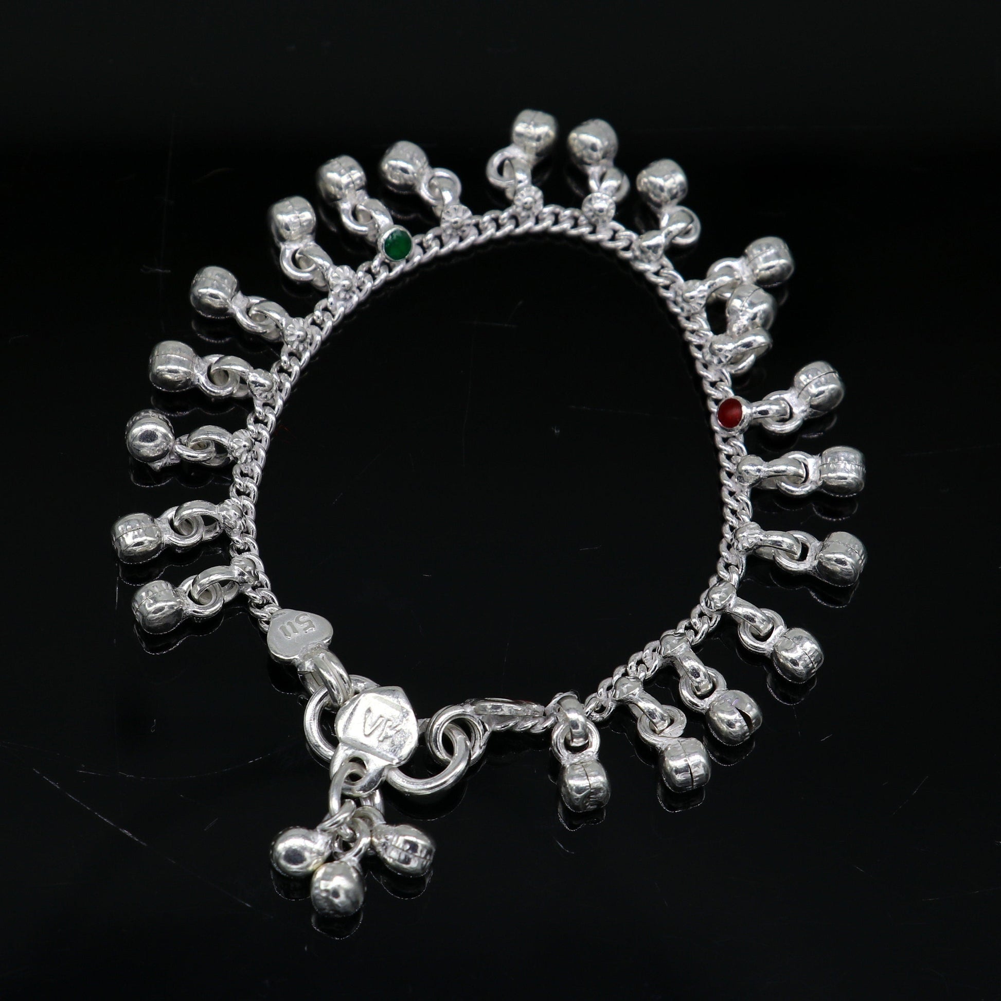 5.5" Handmade sterling silver new born baby anklets, excellent waved charming noisy bells baby anklet bracelet, payal kids jewelry ank280 - TRIBAL ORNAMENTS