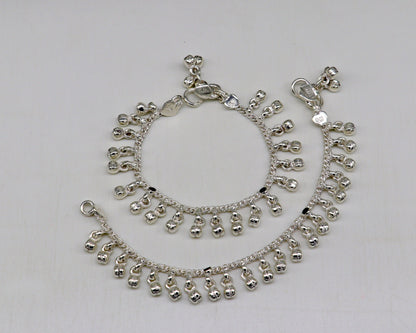 5.5" Handmade sterling silver new born baby anklets, excellent waved charming noisy bells baby anklet bracelet, payal kids jewelry ank280 - TRIBAL ORNAMENTS