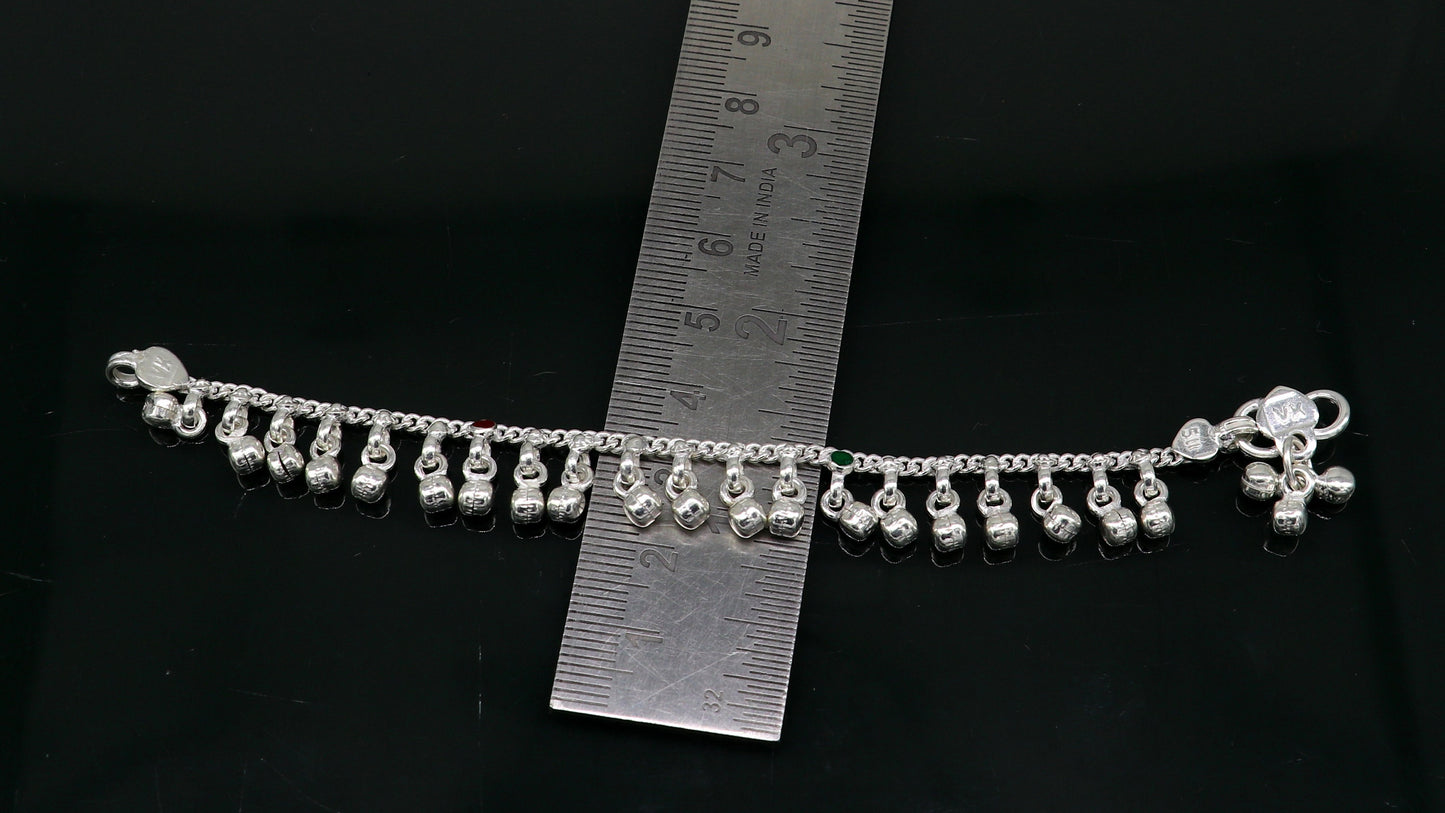 5.5" Handmade sterling silver new born baby anklets, excellent waved charming noisy bells baby anklet bracelet, payal kids jewelry ank280 - TRIBAL ORNAMENTS