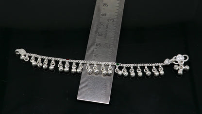 5.5" Handmade sterling silver new born baby anklets, excellent waved charming noisy bells baby anklet bracelet, payal kids jewelry ank280 - TRIBAL ORNAMENTS