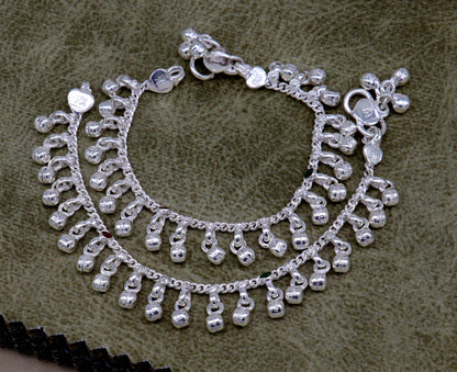 5.5" Handmade sterling silver new born baby anklets, excellent waved charming noisy bells baby anklet bracelet, payal kids jewelry ank280 - TRIBAL ORNAMENTS