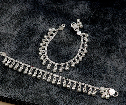 5.5" Handmade sterling silver new born baby anklets, excellent waved charming noisy bells baby anklet bracelet, payal kids jewelry ank280 - TRIBAL ORNAMENTS