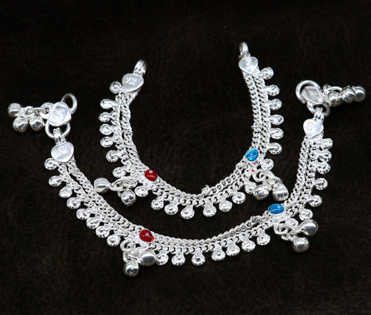 5.5" inches Sterling silver handmade double chain ankle bracelet baby anklet noisy sound bells customized charm foot bracelet ank305 - TRIBAL ORNAMENTS