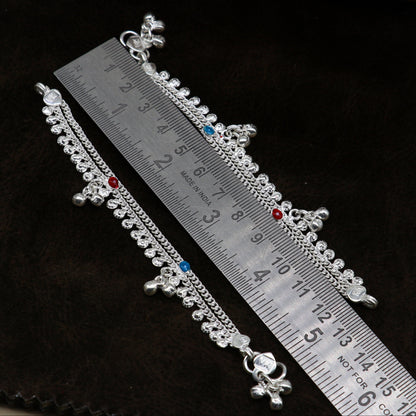 5.5" inches Sterling silver handmade double chain ankle bracelet baby anklet noisy sound bells customized charm foot bracelet ank305 - TRIBAL ORNAMENTS