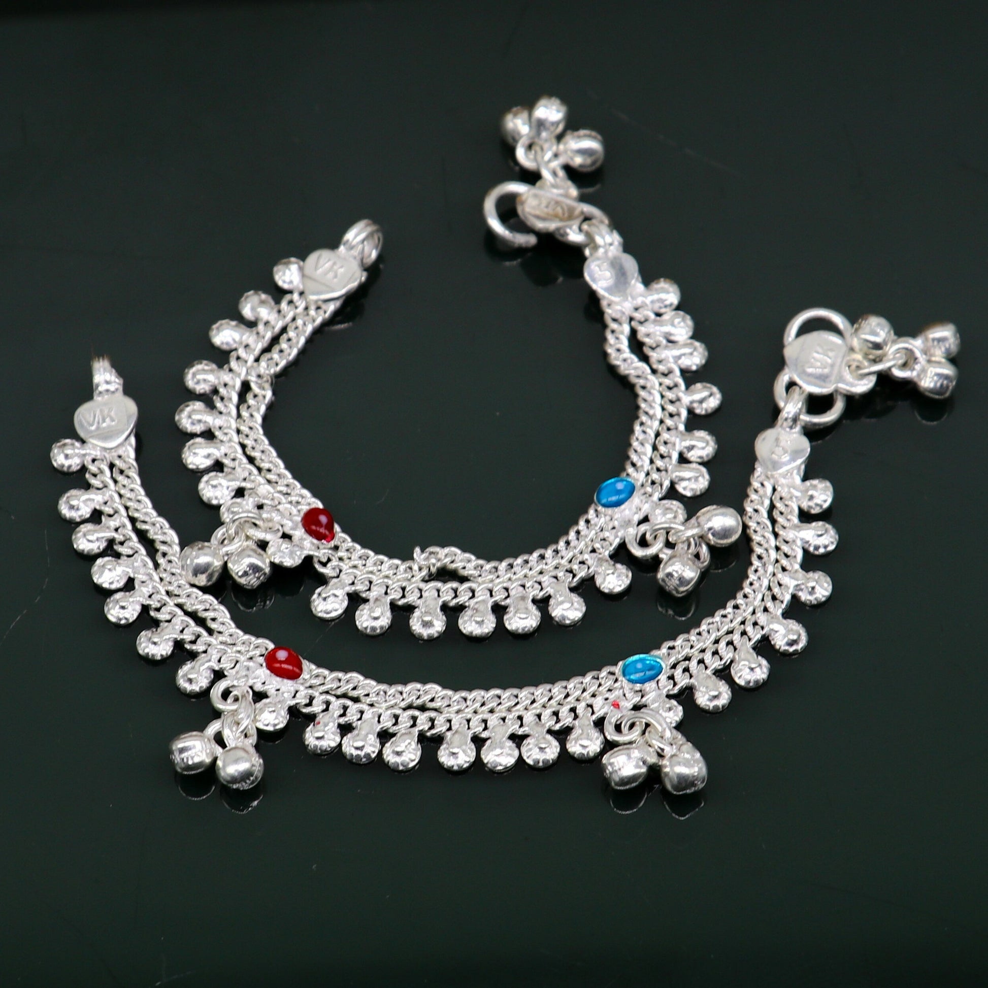 5.5" inches Sterling silver handmade double chain ankle bracelet baby anklet noisy sound bells customized charm foot bracelet ank305 - TRIBAL ORNAMENTS