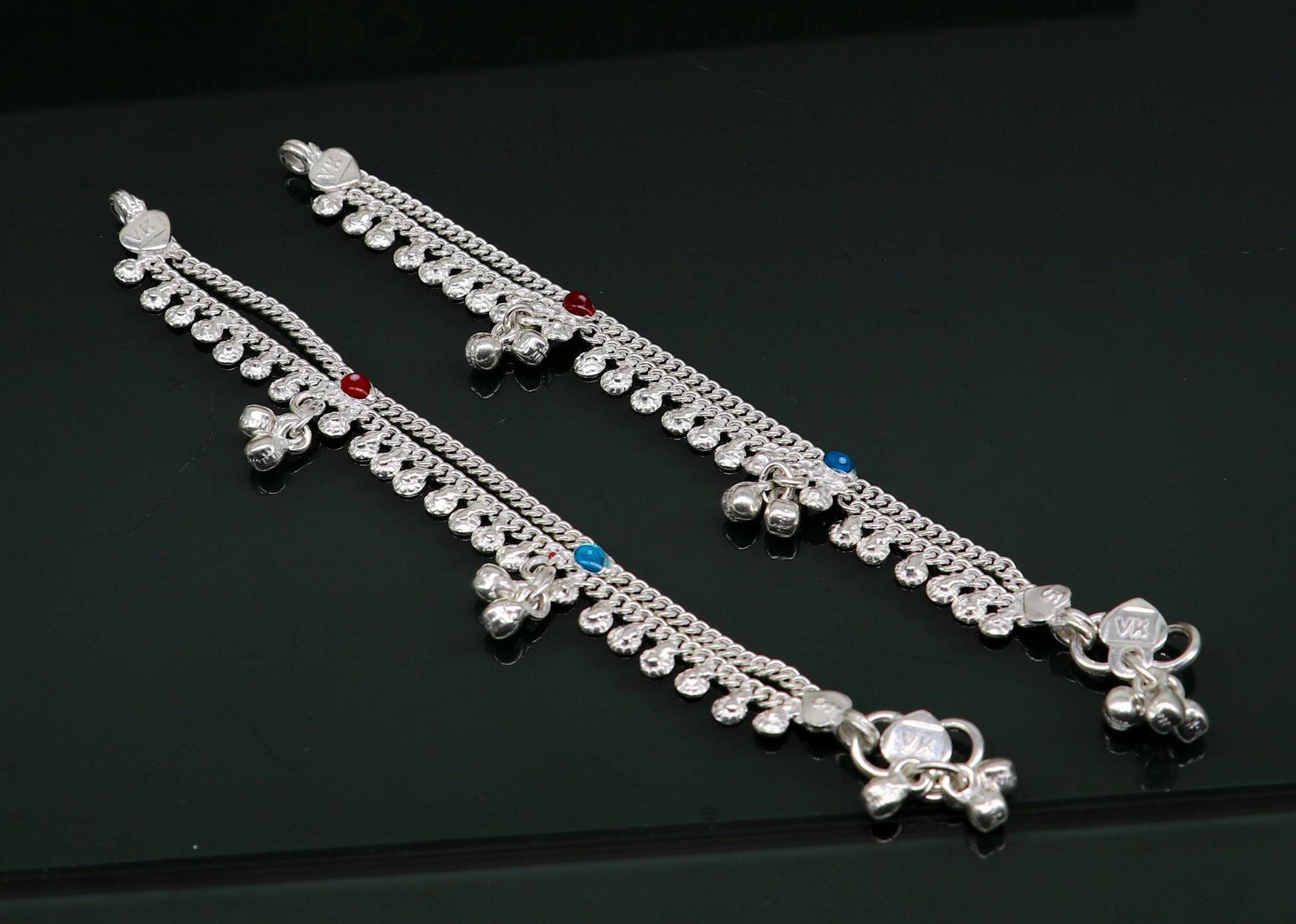 5.5" inches Sterling silver handmade double chain ankle bracelet baby anklet noisy sound bells customized charm foot bracelet ank305 - TRIBAL ORNAMENTS