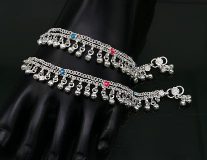 5.5" inches Sterling silver handmade double chain jingling ankle bracelet baby anklet noisy sound bells charm foot anklets jewelry ank302 - TRIBAL ORNAMENTS