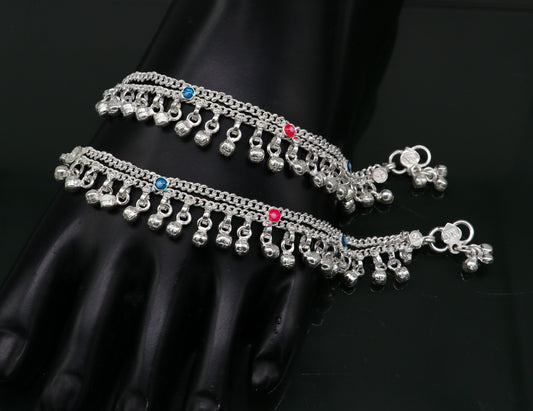 5.5" inches Sterling silver handmade double chain jingling ankle bracelet baby anklet noisy sound bells charm foot anklets jewelry ank302 - TRIBAL ORNAMENTS