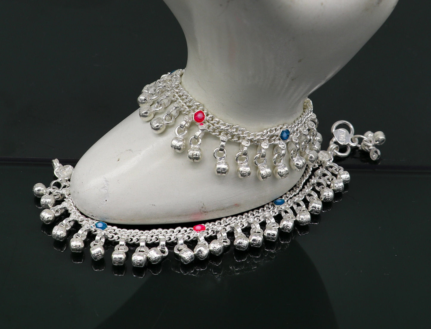 5.5" inches Sterling silver handmade double chain jingling ankle bracelet baby anklet noisy sound bells charm foot anklets jewelry ank302 - TRIBAL ORNAMENTS