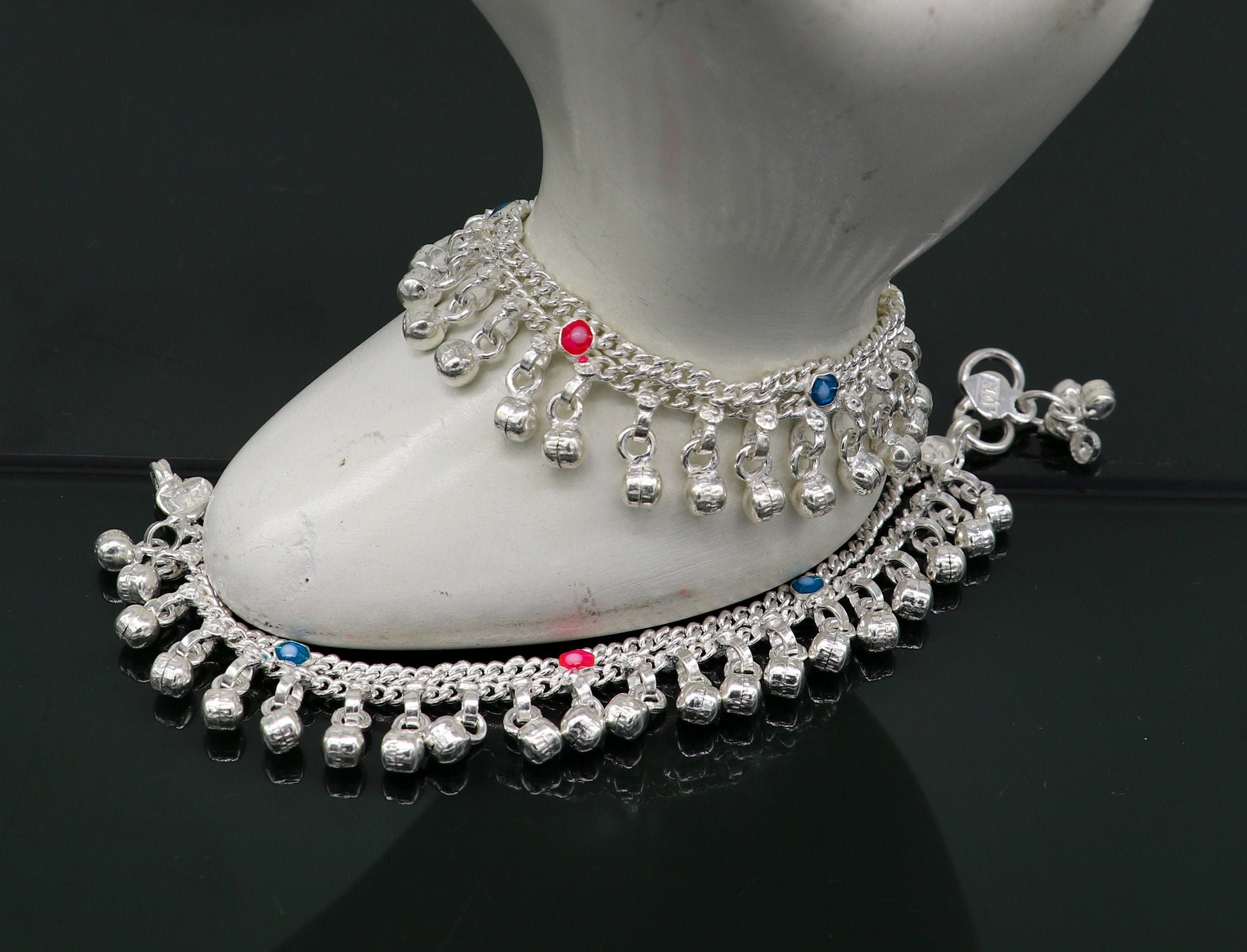 5.5" inches Sterling silver handmade double chain jingling ankle bracelet baby anklet noisy sound bells charm foot anklets jewelry ank302 - TRIBAL ORNAMENTS