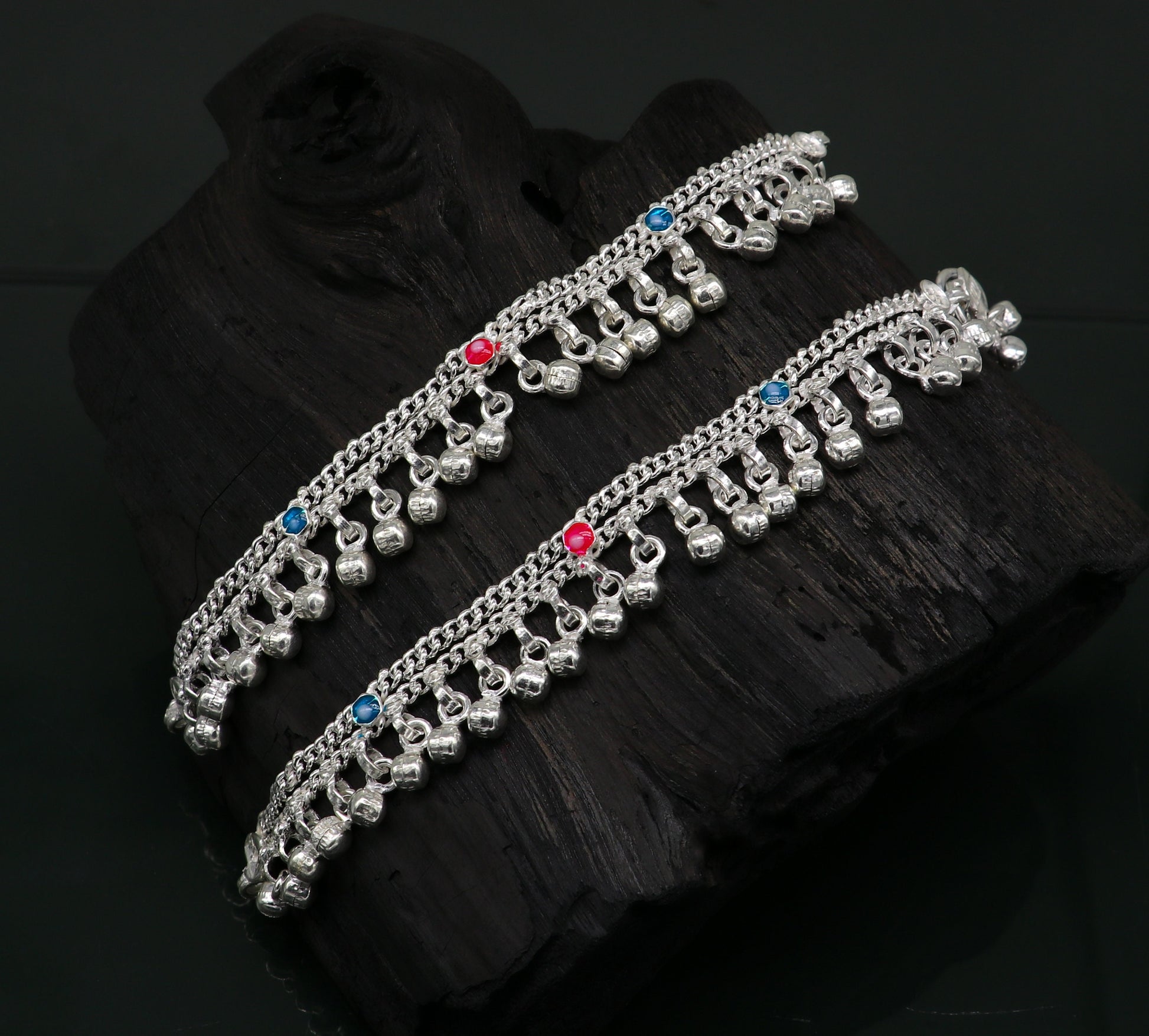 5.5" inches Sterling silver handmade double chain jingling ankle bracelet baby anklet noisy sound bells charm foot anklets jewelry ank302 - TRIBAL ORNAMENTS