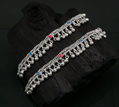 5.5" inches Sterling silver handmade double chain jingling ankle bracelet baby anklet noisy sound bells charm foot anklets jewelry ank302 - TRIBAL ORNAMENTS
