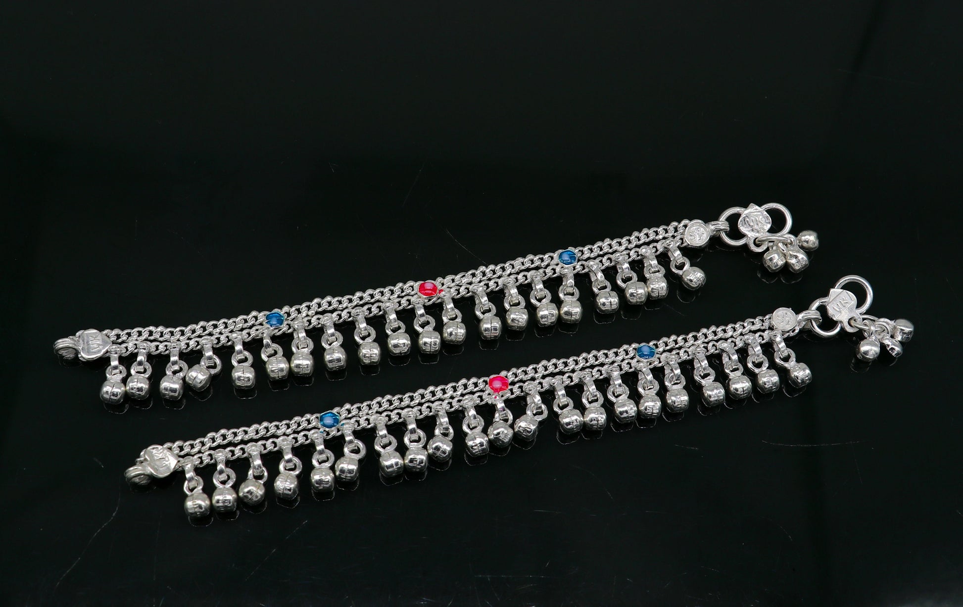 5.5" inches Sterling silver handmade double chain jingling ankle bracelet baby anklet noisy sound bells charm foot anklets jewelry ank302 - TRIBAL ORNAMENTS