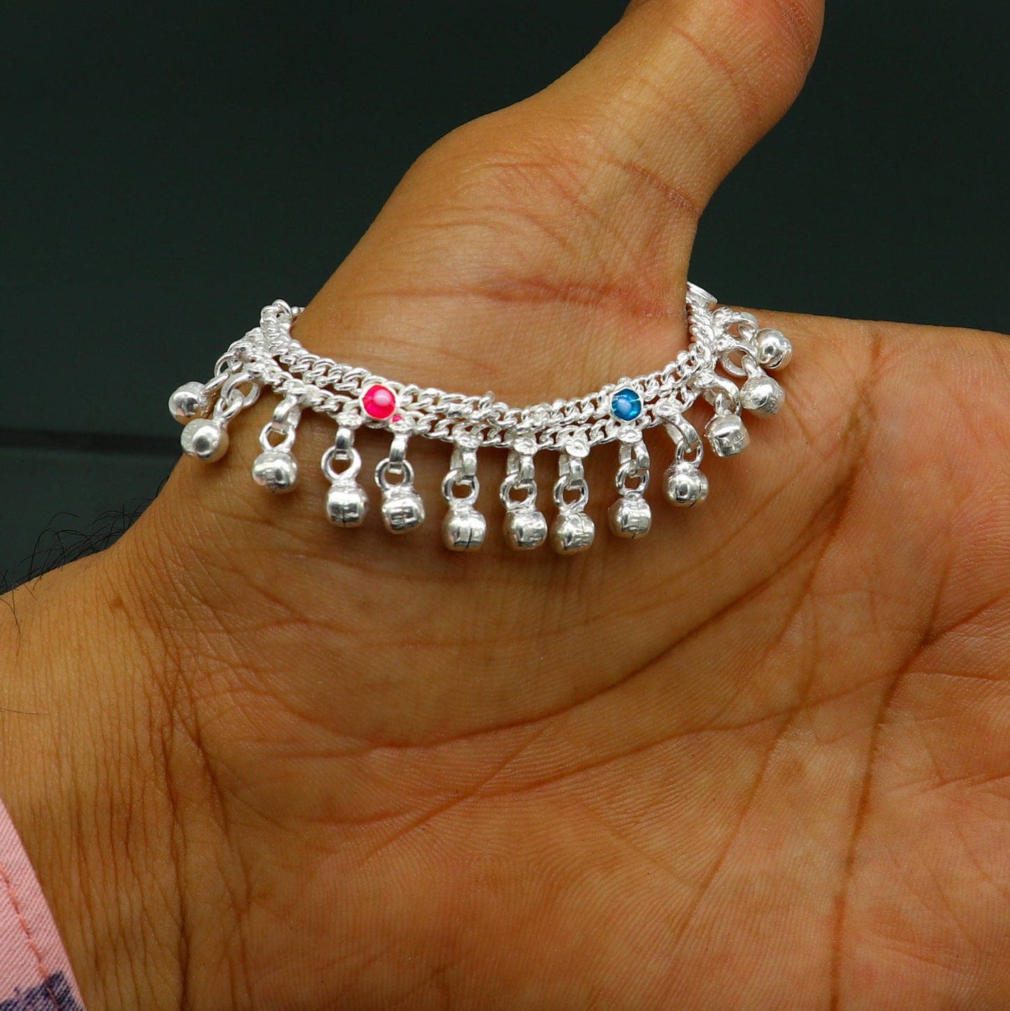 5.5" inches Sterling silver handmade double chain jingling ankle bracelet baby anklet noisy sound bells charm foot anklets jewelry ank302 - TRIBAL ORNAMENTS