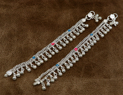 5.5" inches Sterling silver handmade double chain jingling ankle bracelet baby anklet noisy sound bells charm foot anklets jewelry ank302 - TRIBAL ORNAMENTS