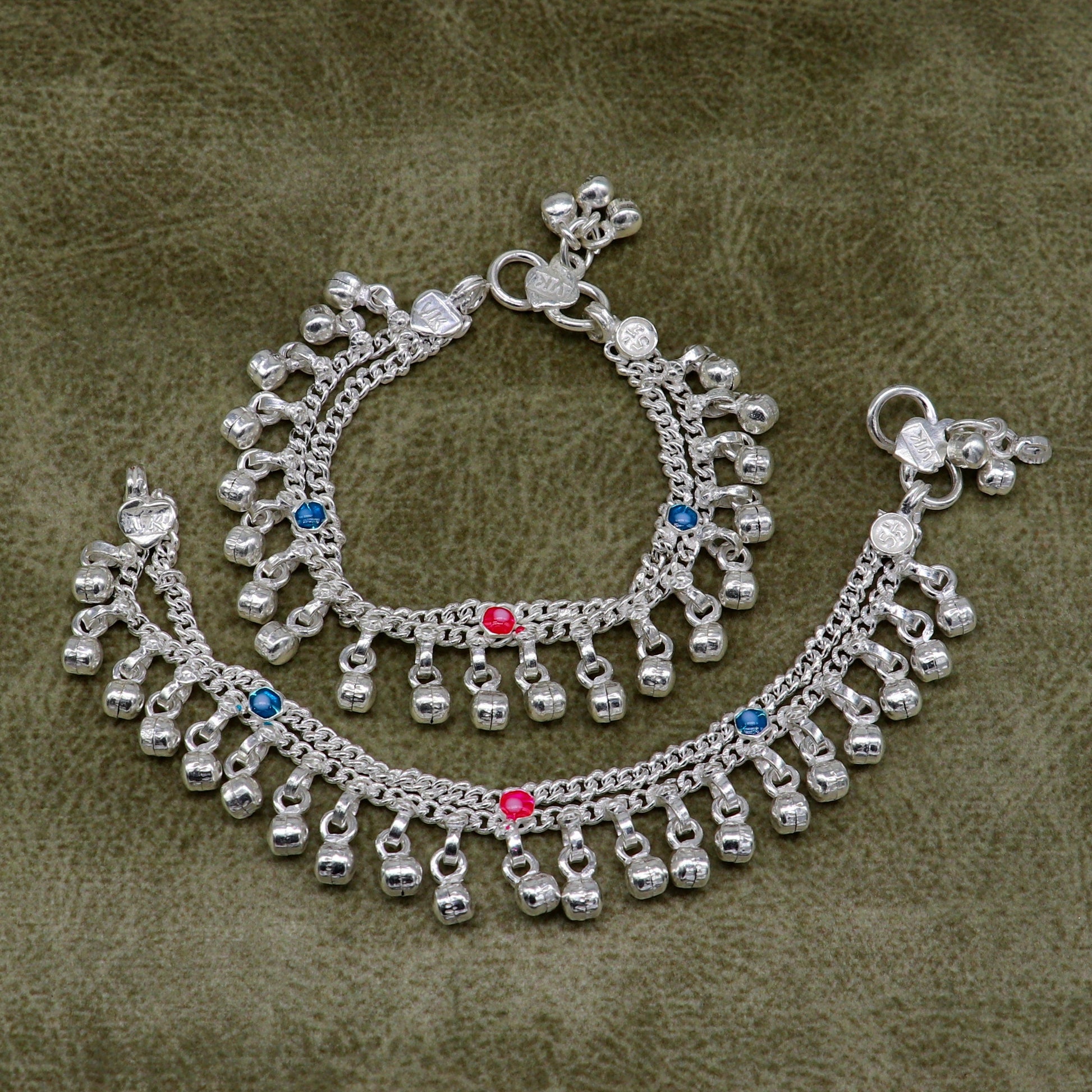 5.5" inches Sterling silver handmade double chain jingling ankle bracelet baby anklet noisy sound bells charm foot anklets jewelry ank302 - TRIBAL ORNAMENTS