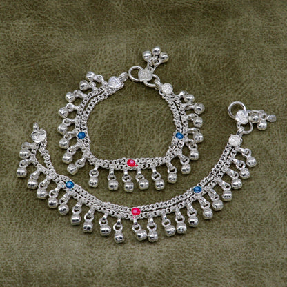 5.5" inches Sterling silver handmade double chain jingling ankle bracelet baby anklet noisy sound bells charm foot anklets jewelry ank302 - TRIBAL ORNAMENTS