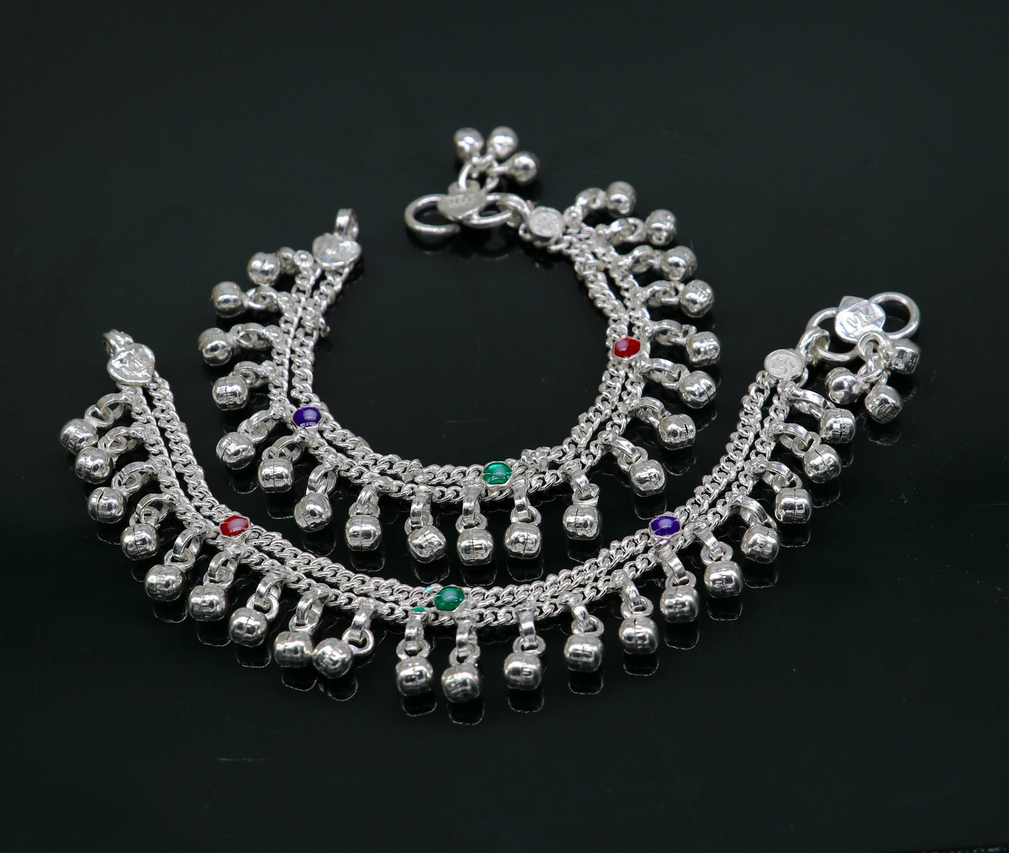 5.5" solid sterling silver handmade waved hanging drops anklets baby ankle bracelet, gifting noisy anklets kids jewelry from India ank313 - TRIBAL ORNAMENTS