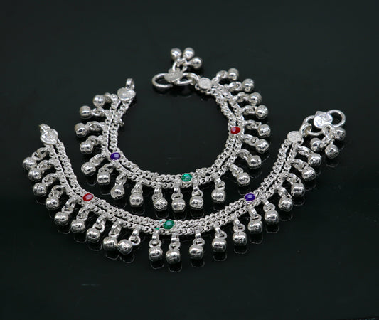 5.5" solid sterling silver handmade waved hanging drops anklets baby ankle bracelet, gifting noisy anklets kids jewelry from India ank313 - TRIBAL ORNAMENTS