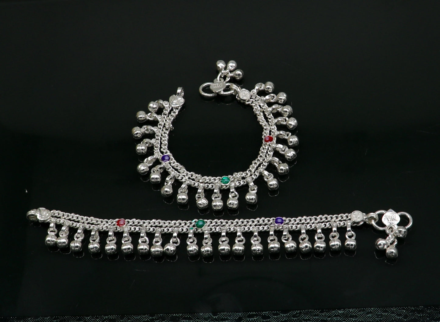 5.5" solid sterling silver handmade waved hanging drops anklets baby ankle bracelet, gifting noisy anklets kids jewelry from India ank313 - TRIBAL ORNAMENTS