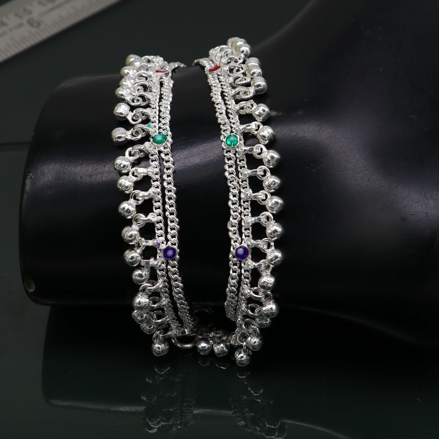 5.5" solid sterling silver handmade waved hanging drops anklets baby ankle bracelet, gifting noisy anklets kids jewelry from India ank313 - TRIBAL ORNAMENTS