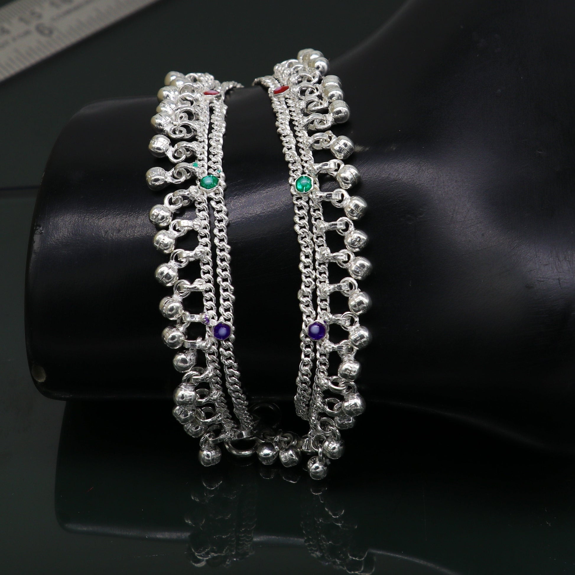 5.5" solid sterling silver handmade waved hanging drops anklets baby ankle bracelet, gifting noisy anklets kids jewelry from India ank313 - TRIBAL ORNAMENTS