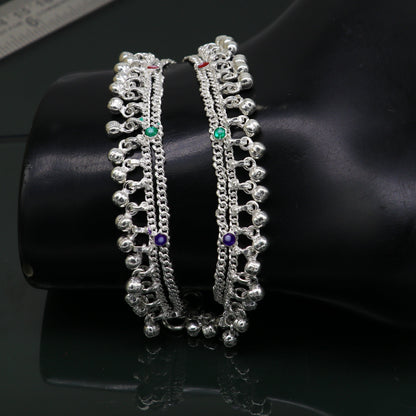 5.5" solid sterling silver handmade waved hanging drops anklets baby ankle bracelet, gifting noisy anklets kids jewelry from India ank313 - TRIBAL ORNAMENTS