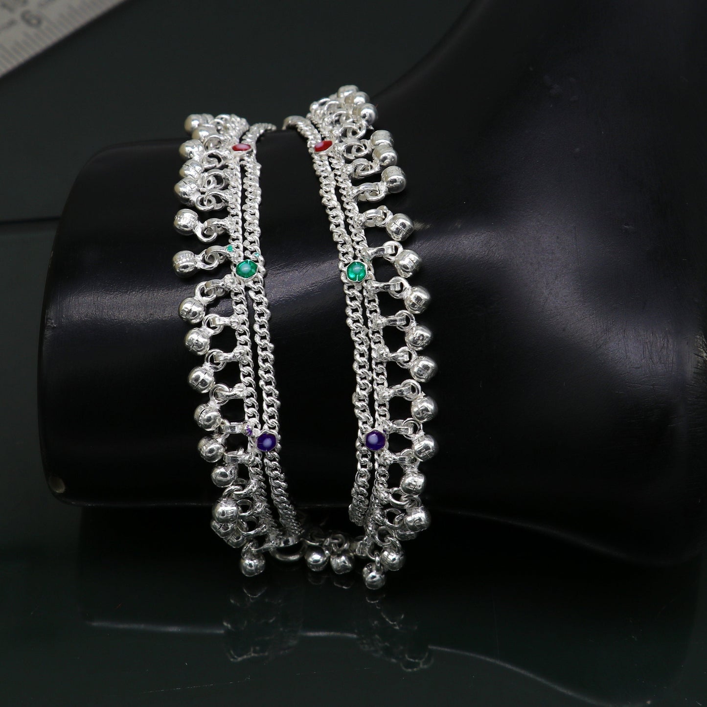 5.5" solid sterling silver handmade waved hanging drops anklets baby ankle bracelet, gifting noisy anklets kids jewelry from India ank313 - TRIBAL ORNAMENTS