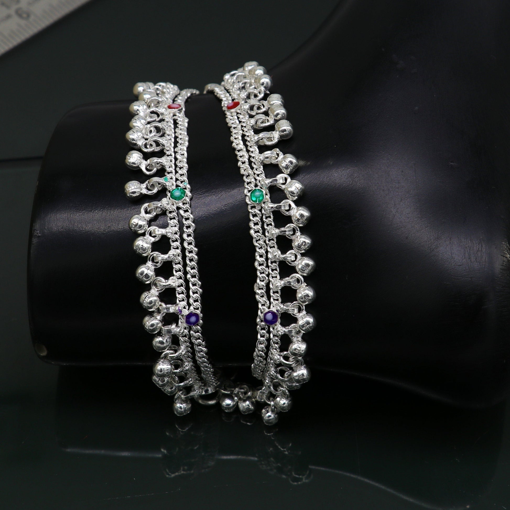 5.5" solid sterling silver handmade waved hanging drops anklets baby ankle bracelet, gifting noisy anklets kids jewelry from India ank313 - TRIBAL ORNAMENTS