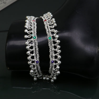 5.5" solid sterling silver handmade waved hanging drops anklets baby ankle bracelet, gifting noisy anklets kids jewelry from India ank313 - TRIBAL ORNAMENTS