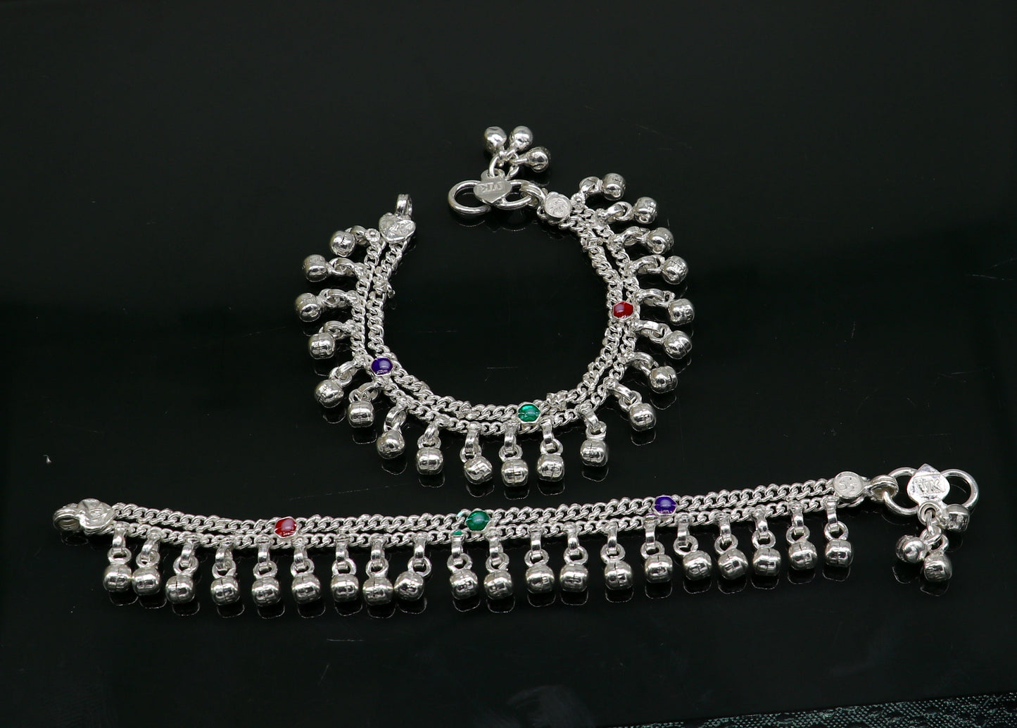 5.5" solid sterling silver handmade waved hanging drops anklets baby ankle bracelet, gifting noisy anklets kids jewelry from India ank313 - TRIBAL ORNAMENTS