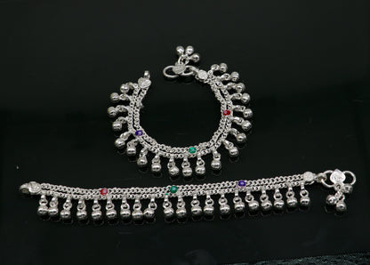 5.5" solid sterling silver handmade waved hanging drops anklets baby ankle bracelet, gifting noisy anklets kids jewelry from India ank313 - TRIBAL ORNAMENTS