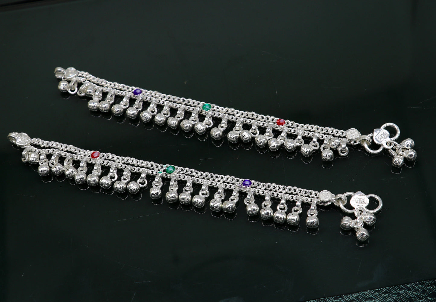 5.5" solid sterling silver handmade waved hanging drops anklets baby ankle bracelet, gifting noisy anklets kids jewelry from India ank313 - TRIBAL ORNAMENTS