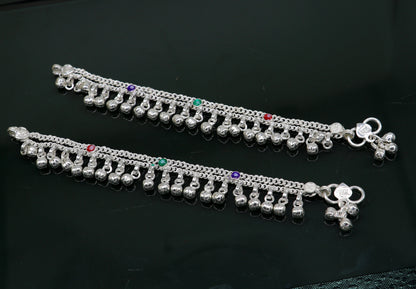 5.5" solid sterling silver handmade waved hanging drops anklets baby ankle bracelet, gifting noisy anklets kids jewelry from India ank313 - TRIBAL ORNAMENTS