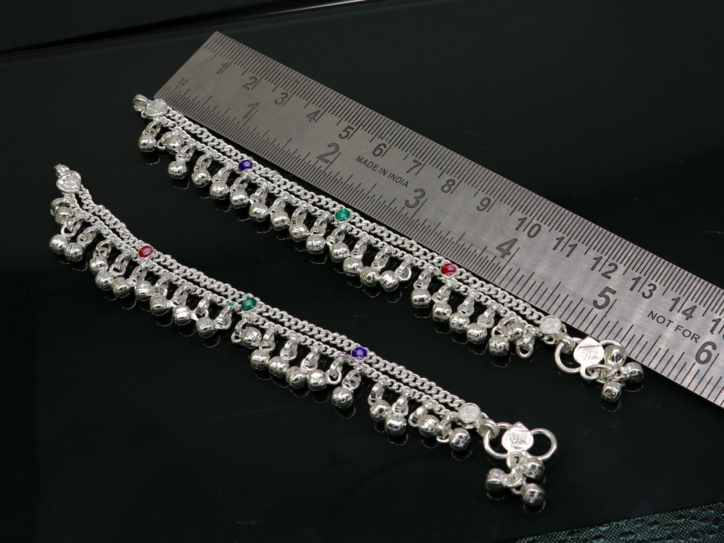 5.5" solid sterling silver handmade waved hanging drops anklets baby ankle bracelet, gifting noisy anklets kids jewelry from India ank313 - TRIBAL ORNAMENTS