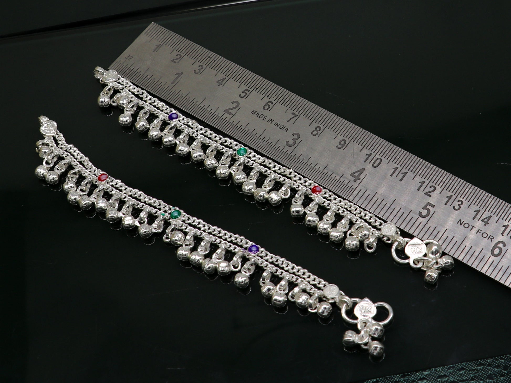 5.5" solid sterling silver handmade waved hanging drops anklets baby ankle bracelet, gifting noisy anklets kids jewelry from India ank313 - TRIBAL ORNAMENTS