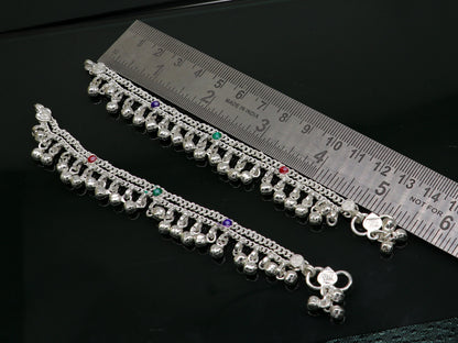5.5" solid sterling silver handmade waved hanging drops anklets baby ankle bracelet, gifting noisy anklets kids jewelry from India ank313 - TRIBAL ORNAMENTS