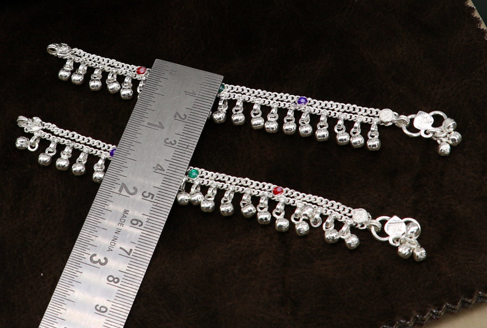 5.5" solid sterling silver handmade waved hanging drops anklets baby ankle bracelet, gifting noisy anklets kids jewelry from India ank313 - TRIBAL ORNAMENTS