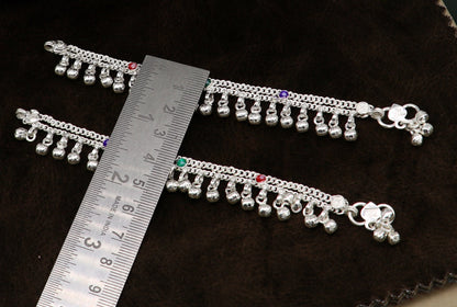 5.5" solid sterling silver handmade waved hanging drops anklets baby ankle bracelet, gifting noisy anklets kids jewelry from India ank313 - TRIBAL ORNAMENTS