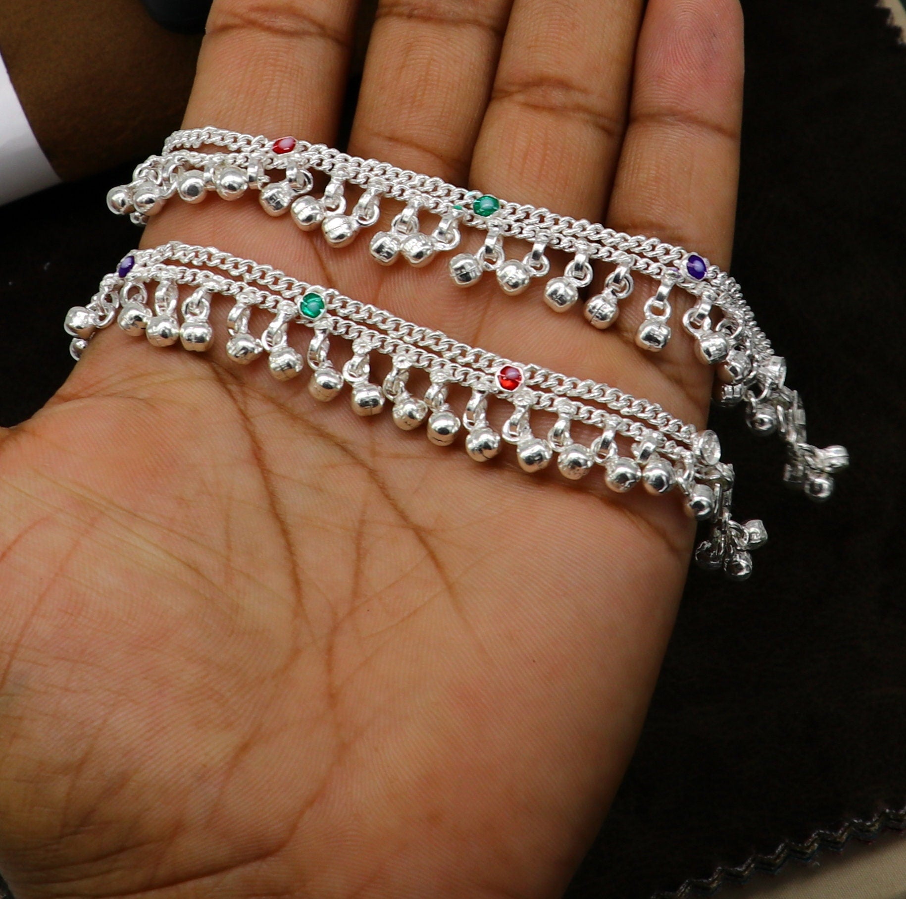 5.5" solid sterling silver handmade waved hanging drops anklets baby ankle bracelet, gifting noisy anklets kids jewelry from India ank313 - TRIBAL ORNAMENTS