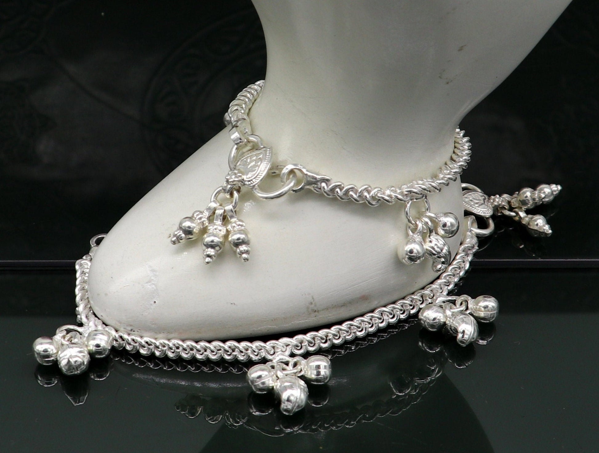 5.5" sterling silver baby kids handmade noisy bells anklets baby ankle bracelet, awesome noisy charm anklets kids jewelry from India ank320 - TRIBAL ORNAMENTS