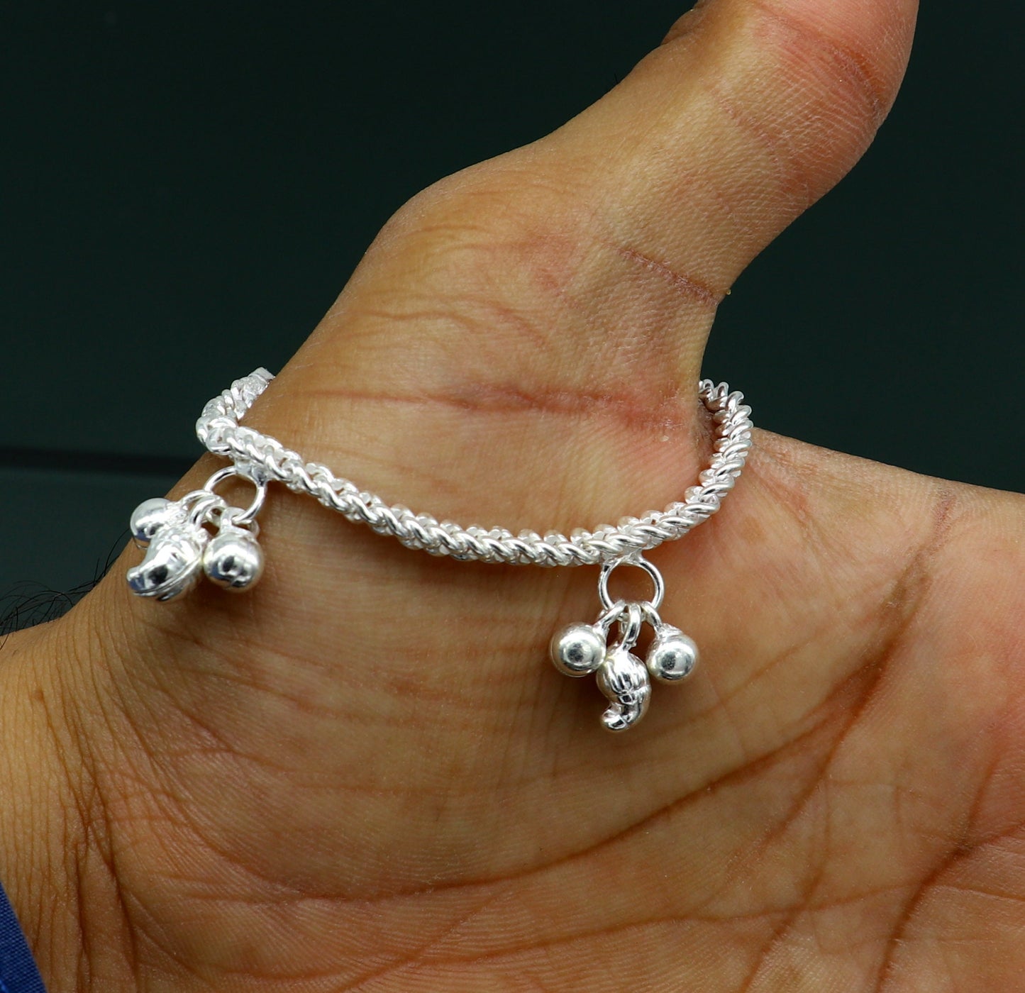 5.5" sterling silver baby kids handmade noisy bells anklets baby ankle bracelet, awesome noisy charm anklets kids jewelry from India ank320 - TRIBAL ORNAMENTS