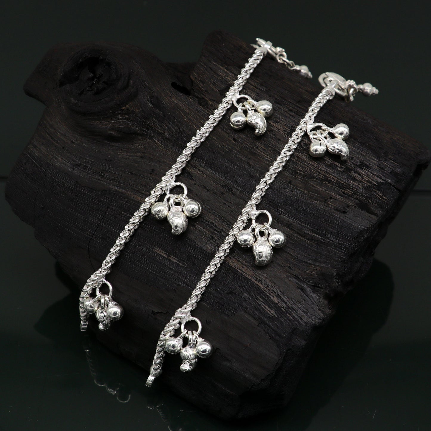 5.5" sterling silver baby kids handmade noisy bells anklets baby ankle bracelet, awesome noisy charm anklets kids jewelry from India ank320 - TRIBAL ORNAMENTS