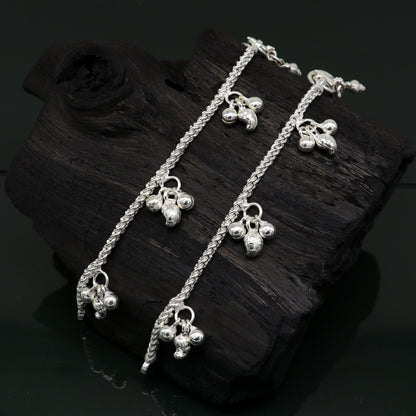 5.5" sterling silver baby kids handmade noisy bells anklets baby ankle bracelet, awesome noisy charm anklets kids jewelry from India ank320 - TRIBAL ORNAMENTS