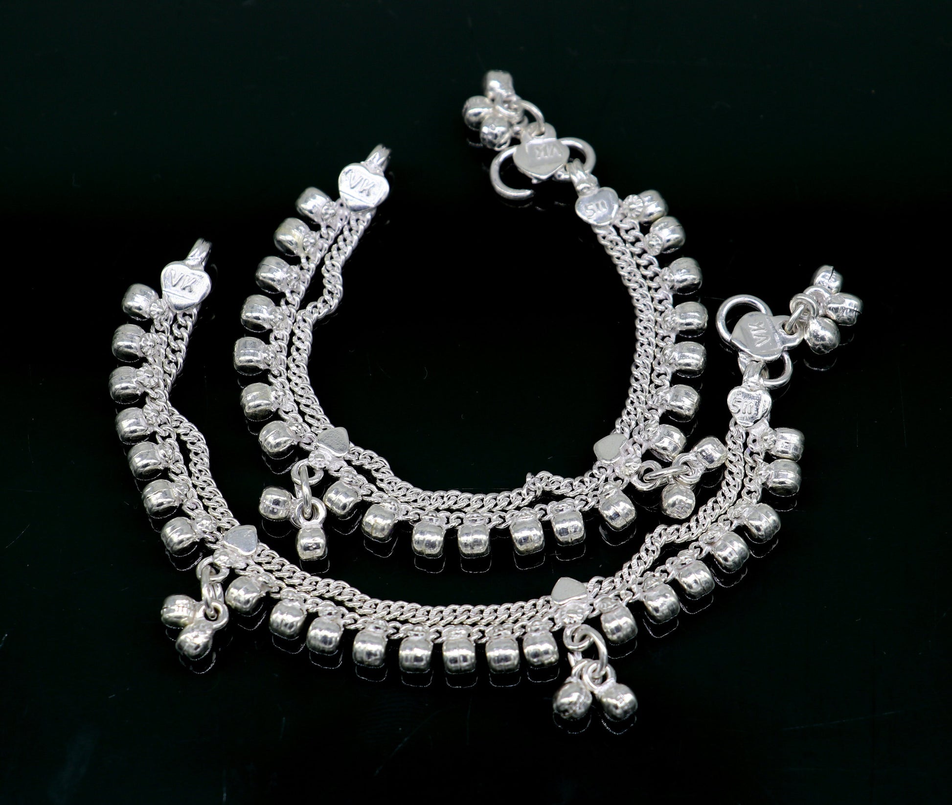 5.5" Vintage fancy style customized Sterling silver baby anklets, charm ankle bracelet, best kids gifting jewelry birthday gift india ank289 - TRIBAL ORNAMENTS