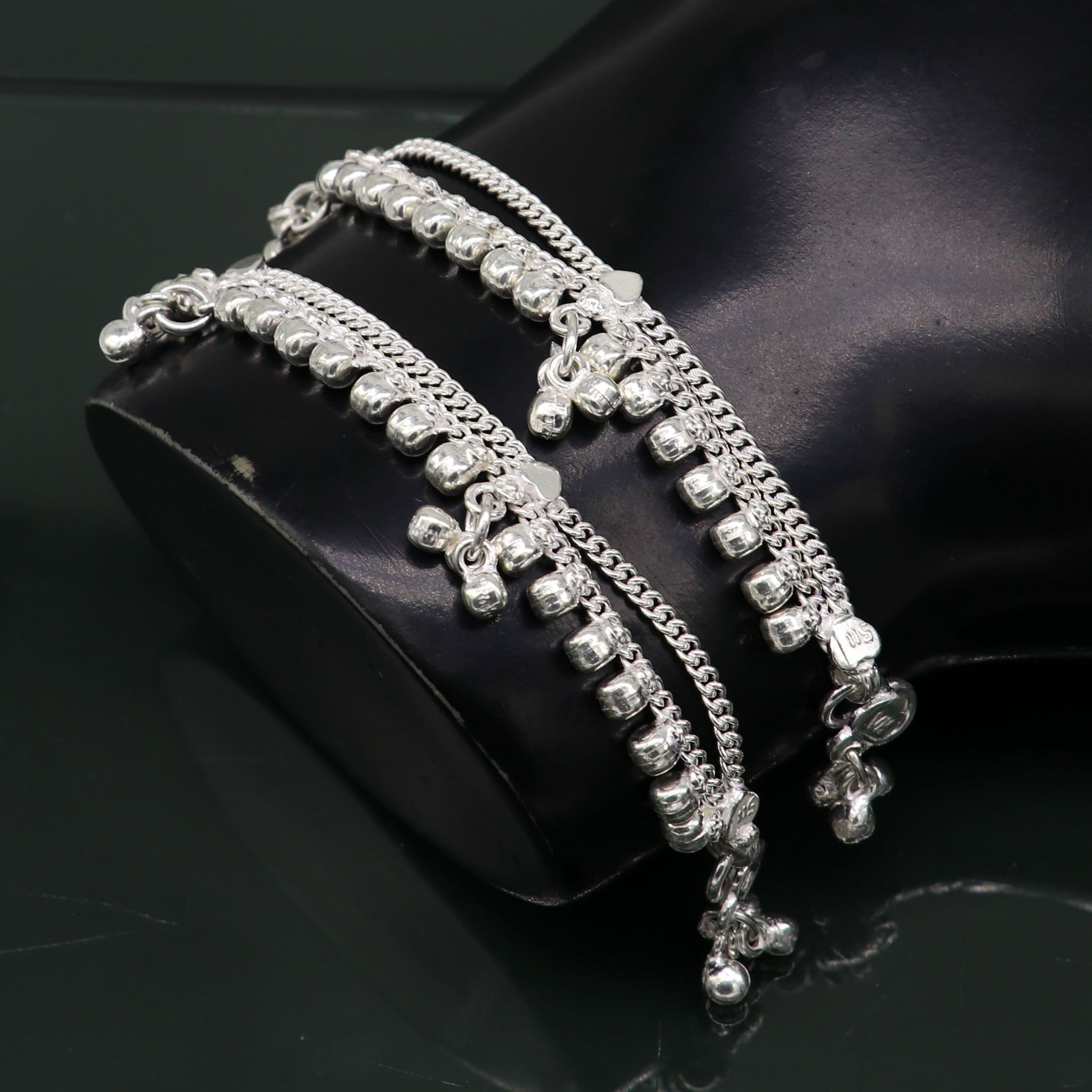 5.5" Vintage fancy style customized Sterling silver baby anklets, charm ankle bracelet, best kids gifting jewelry birthday gift india ank289 - TRIBAL ORNAMENTS