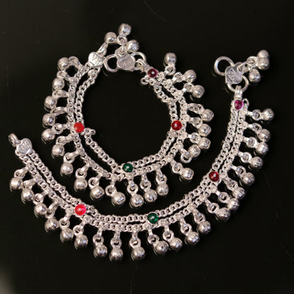5.7" Handmade sterling silver baby anklets, excellent hanging noisy bells ghungroo, baby charm ankle bracelet,payal for kids jewelry ank162 - TRIBAL ORNAMENTS