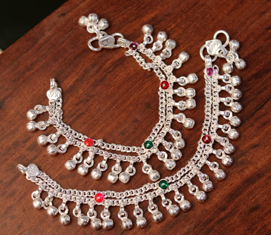 5.7" Handmade sterling silver baby anklets, excellent hanging noisy bells ghungroo, baby charm ankle bracelet,payal for kids jewelry ank162 - TRIBAL ORNAMENTS