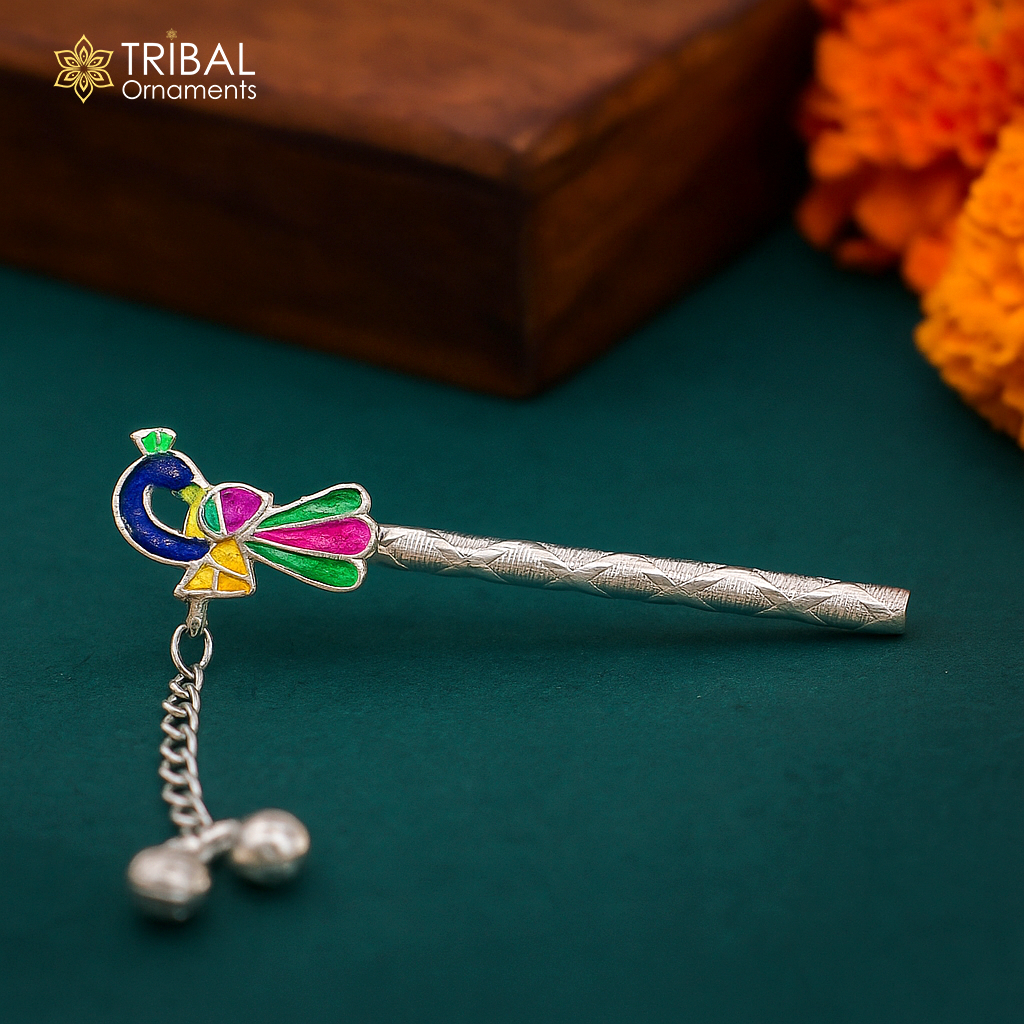 5 cm long sterling silver handmade idol baby Krishna flute, silver bansuri, laddu gopala flute, little krishna flute puja art su794 - TRIBAL ORNAMENTS