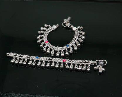 5" Handmade sterling silver new born baby anklets, excellent waved charming noisy bells baby anklet bracelet, payal for kids jewelry ank278 - TRIBAL ORNAMENTS